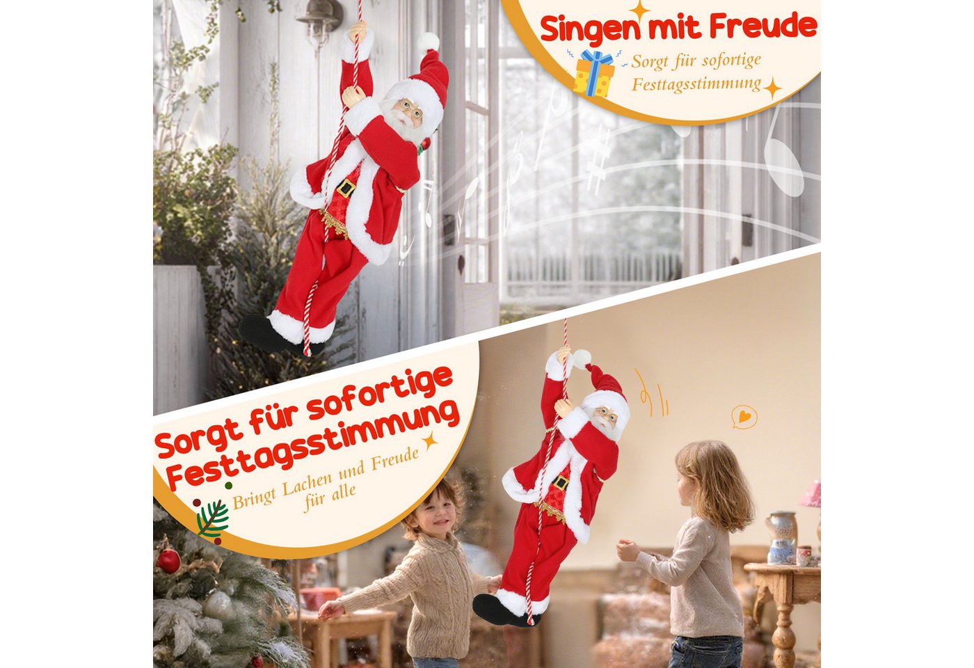 HOMCOM Weihnachtsmann Figur mit Seil, Dekofigur für Party Fenster Tisch Kamin Wand (60 cm, 1 St., klettert und wiegt sich zu Musik), Rot – Bild 4 von 5