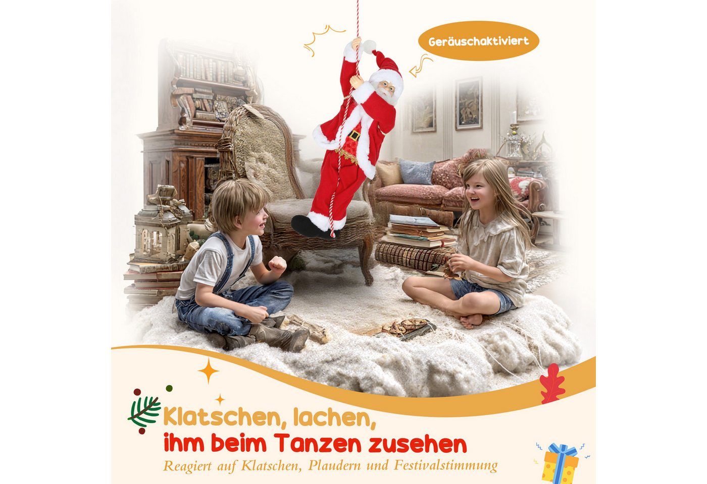 HOMCOM Weihnachtsmann Figur mit Seil, Dekofigur für Party Fenster Tisch Kamin Wand (60 cm, 1 St., klettert und wiegt sich zu Musik), Rot – Bild 5 von 5