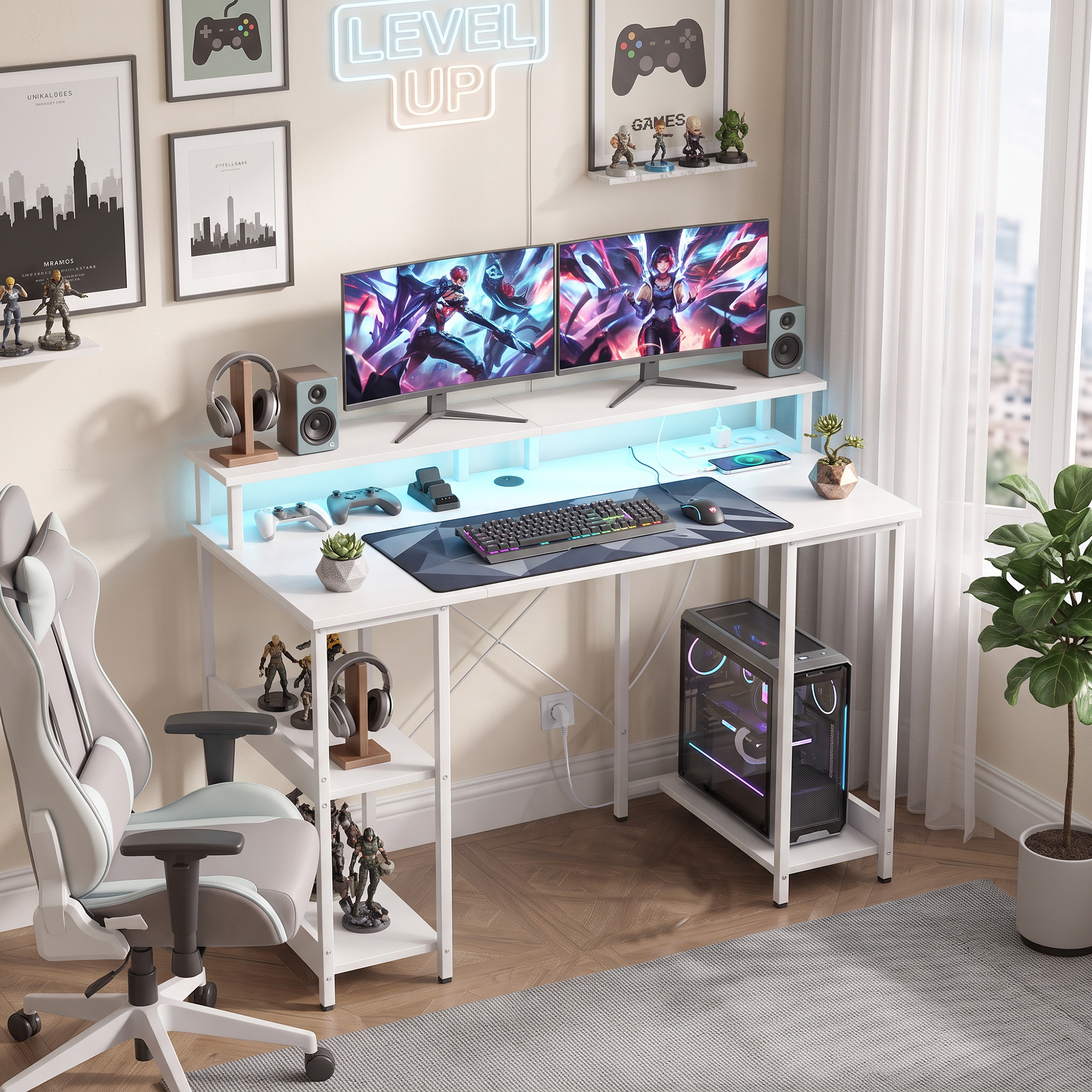 HOMCOM Wendbarer Computerschreibtisch mit Ablagen, 120x50 cm Büroschreibtisch mit Steckdosen und LED-Lichtern, PC-Tisch mit doppelter Monitorablage, Weiß Aosom – Bild 2 von 2