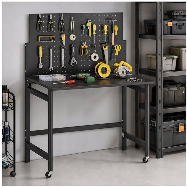 HOMCOM Werkbank Mobile Werkbank, Dicke Arbeitsplatte, Stahlrahmen, Werktisch, Schwarz, (Set, 1-tlg), Klappbar mit Lochwand und Rollen