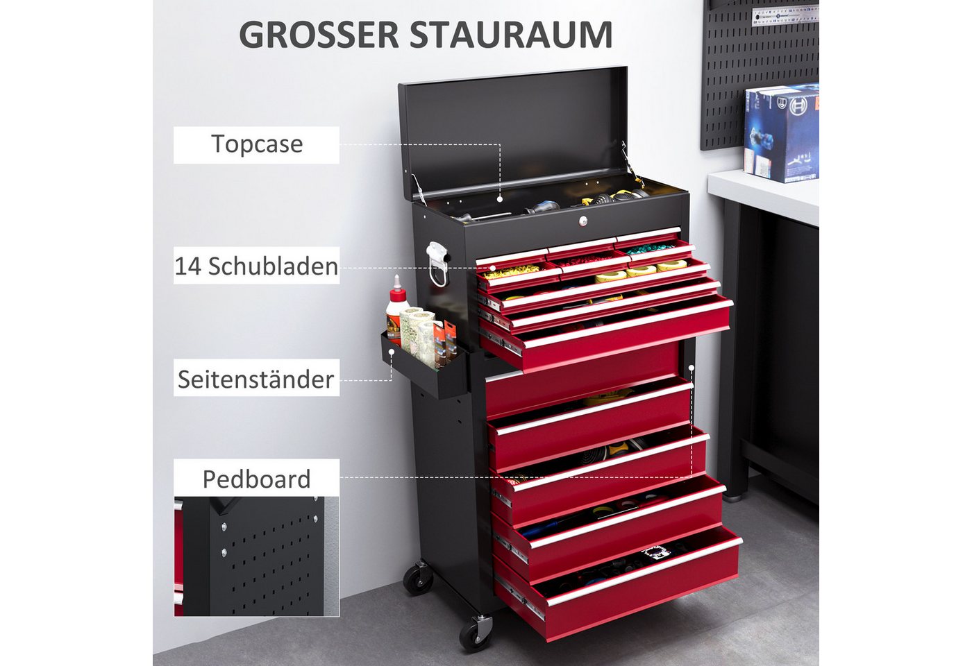 HOMCOM Werkstattwagen Werkstattwagen mit Rollen, 14 Schubladen, abschließbar, leer, max. Traglast:130 kg, 0-tlg. Werkzeugset, (Montagewagen, 1-tlg., Werkzeugwag – Bild 4 von 5