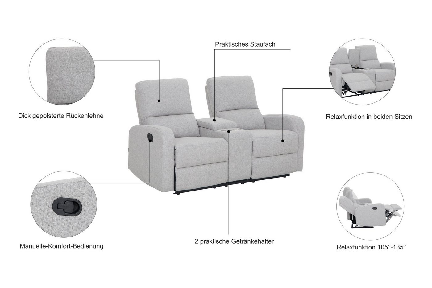 Home affaire 2-Sitzer TOURNAY, 2er-Kinosofa, Liegesofa, TV-Sessel, Multimedia-Sofa, mit manueller Relaxfunktion, Getränkehalter, Staufach – Bild 3 von 5