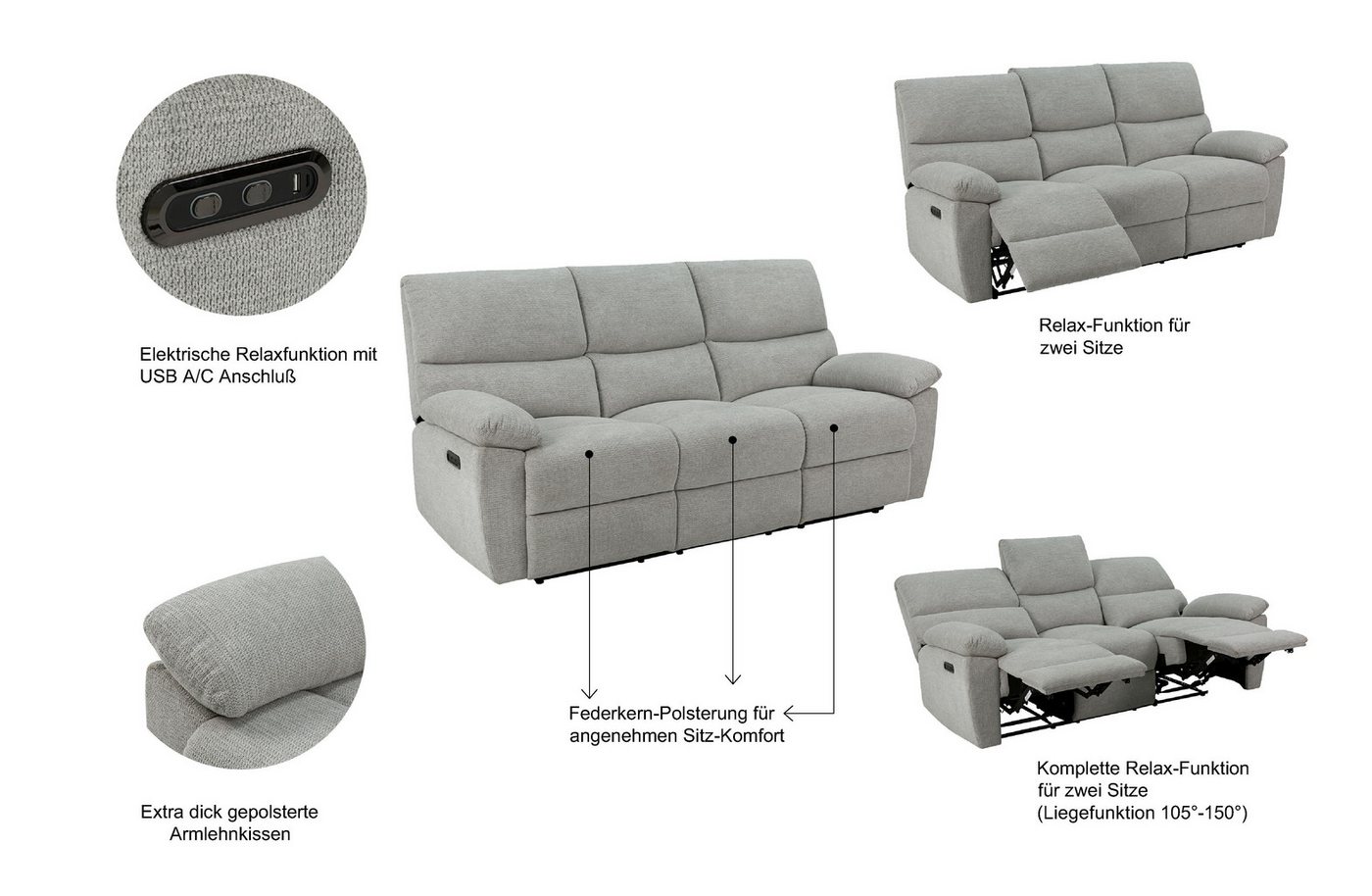 Home affaire 3-Sitzer LANNOY, manuelle o. elelektrische Relaxfunktion in 2 Sitzen, USB A/C, Liegefunktion (105°-150), Reclinersofa, Webstoff, Federkern – Bild 3 von 5