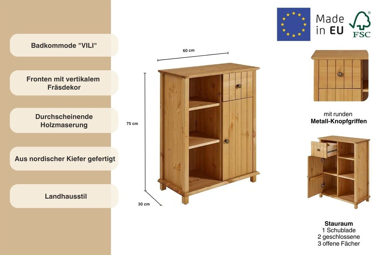 Home affaire Badkommode Vili, Badezimmerschrank, Unterschrank, Breite 60 cm, aus Massivholz – Bild 3 von 5