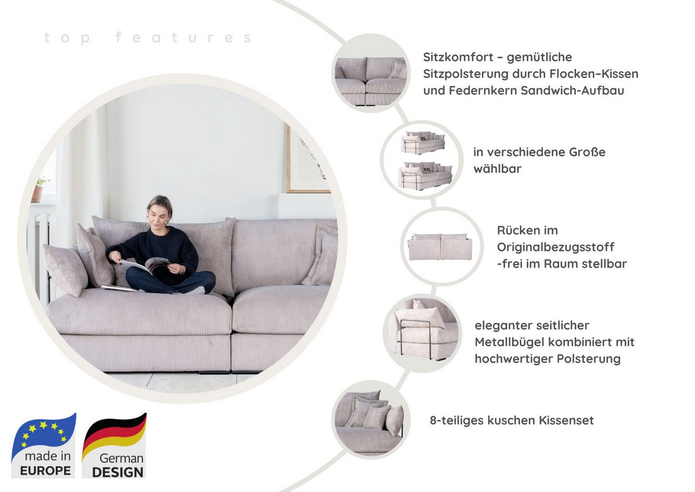 Home affaire Big-Sofa Casa XL, B: 190 cm, 4 Zierkissen, Mega-Sofa, in Cord oder Chenille-Struktur, Federkern – Bild 3 von 5