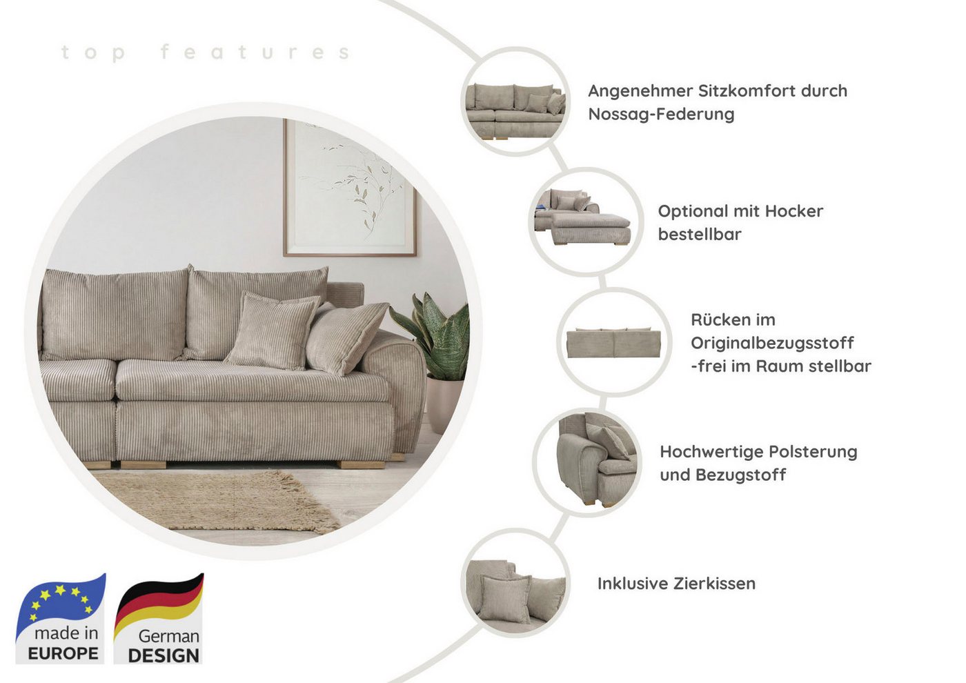Home affaire Big-Sofa Katja, B: 275 cm - OTTO. Verlässliche Qualität., Mega-Sofa mit 4 Zierkissen – Bild 3 von 5