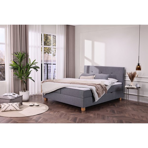Home affaire Boxbett Oyré, Polsterbett mit Bettkasten, inkl. Taschenfederkernmatratze H3, mit Topper, Strukturstoff-Bezug, 180x200 cm, Holzfüße in eichefarben