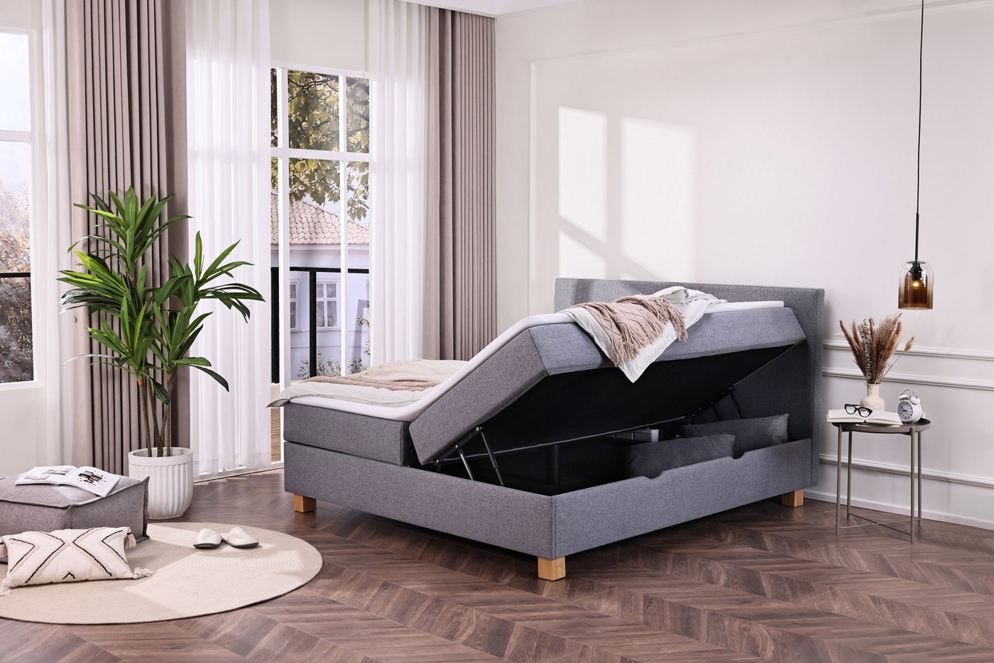 Home affaire Boxbett Oyré, Polsterbett mit Bettkasten, inkl. Taschenfederkernmatratze H3, mit Topper, Strukturstoff-Bezug, 180x200 cm, Holzfüße in eichefarben – Bild 3 von 5