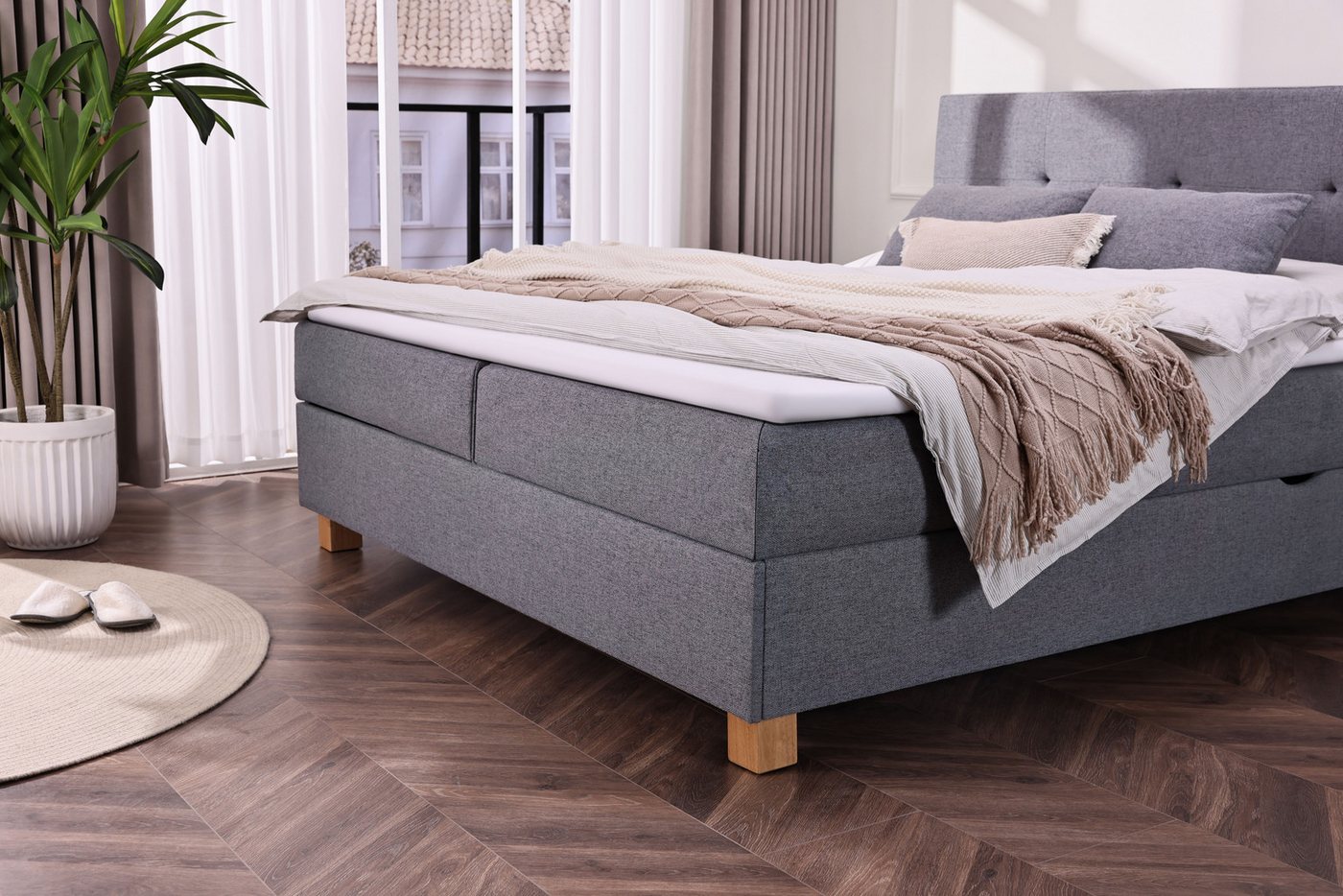 Home affaire Boxbett Oyré, Polsterbett mit Bettkasten, inkl. Taschenfederkernmatratze H3, mit Topper, Strukturstoff-Bezug, 180x200 cm, Holzfüße in eichefarben – Bild 4 von 5