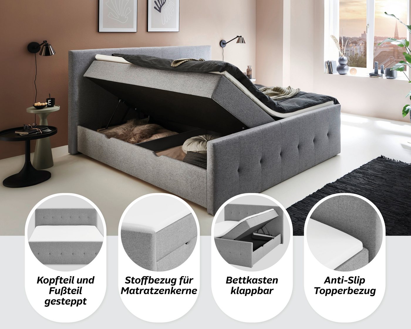 Home affaire Boxbett TESSAJA, Polsterbett mit Bettkasten, inkl. Taschenfederkernmatratze H3, mit Anti-Slip-Topper, Strukturstoff-Bezug, Liegefläche 180x200 cm – Bild 3 von 5