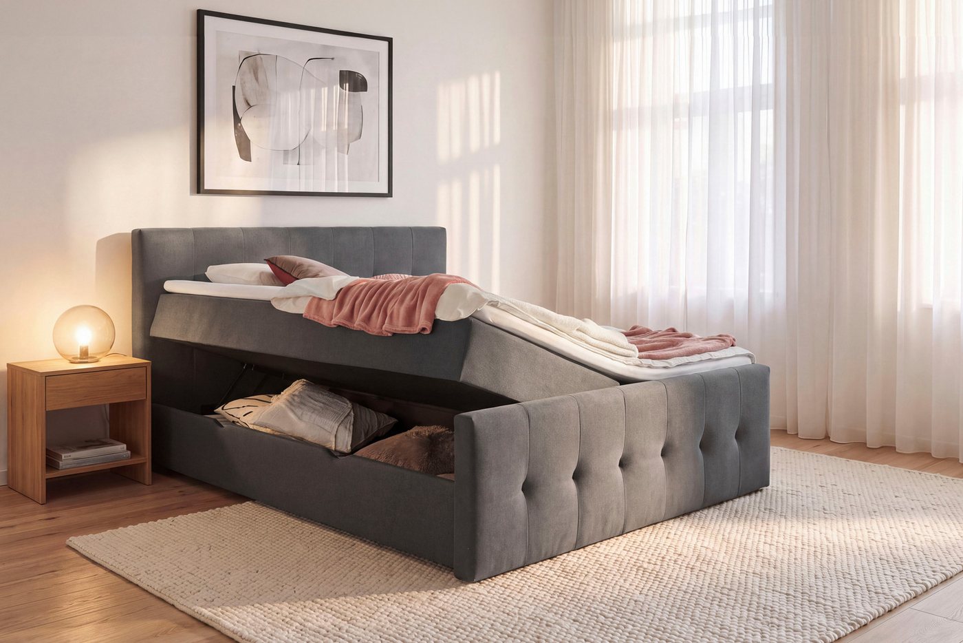 Home affaire Boxbett TESSAJA, Polsterbett mit Bettkasten, inkl. Taschenfederkernmatratze H3, mit Anti-Slip-Topper, Strukturstoff-Bezug, Liegefläche 180x200 cm – Bild 2 von 5