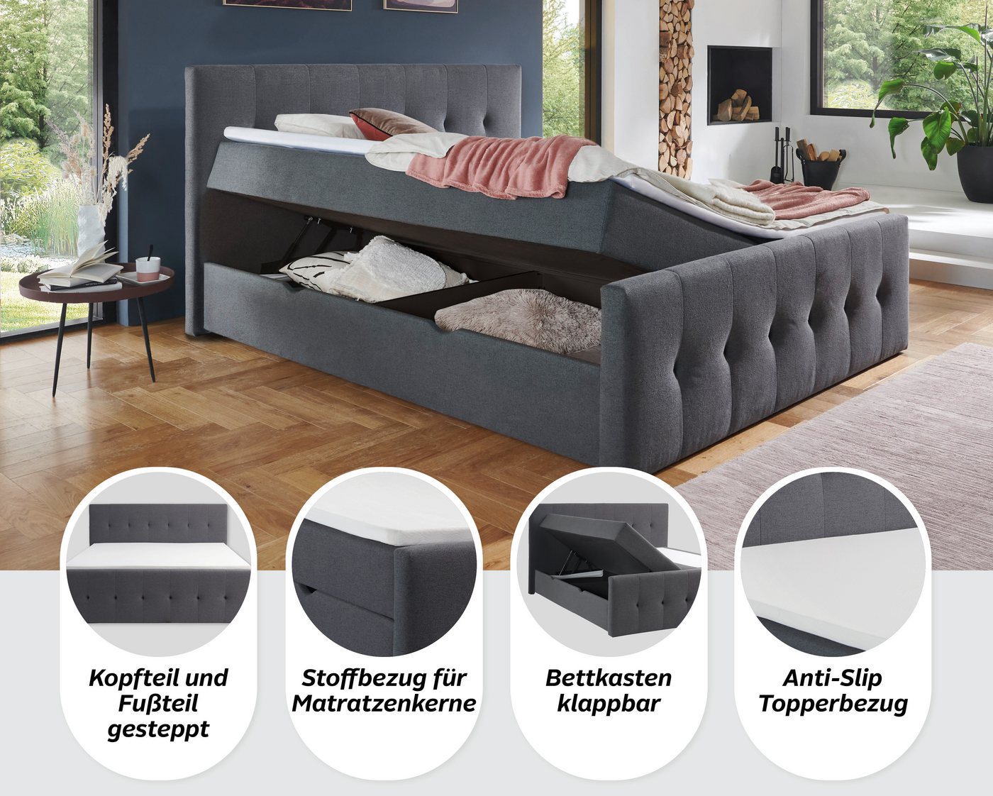 Home affaire Boxbett TESSAJA, Polsterbett mit Bettkasten, inkl. Taschenfederkernmatratze H3, mit Anti-Slip-Topper, Strukturstoff-Bezug, Liegefläche 180x200 cm – Bild 3 von 5