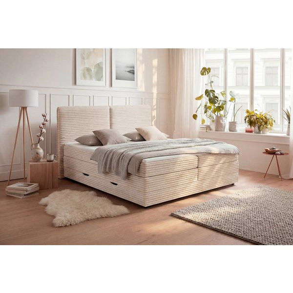 Home affaire Boxbett VÄSTERVIK, Polsterbett mit Bettkasten und Taschenfederkernmatratze H3, mit Topper, kuscheliger Breitcord-Stoff, Liegefläche 180x200cm