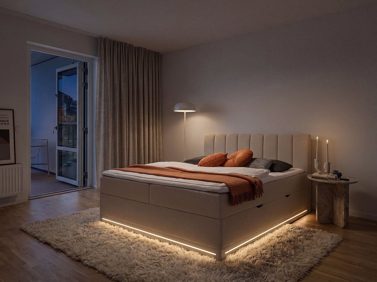 Home affaire Boxbett WAKKANAI, Polsterbett mit Bettkasten, inkl. Taschfederkernmatratze H3, mit PUR-Schaum-Topper, mit LED-Lichtleiste, LIegefläche 180x200cm – Bild 3 von 5