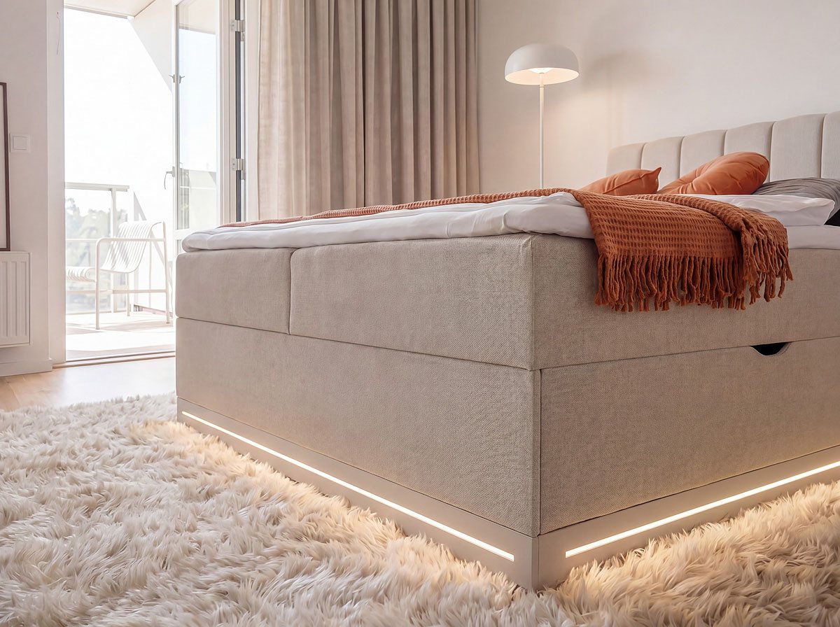 Home affaire Boxbett WAKKANAI, Polsterbett mit Bettkasten, inkl. Taschfederkernmatratze H3, mit PUR-Schaum-Topper, mit LED-Lichtleiste, LIegefläche 180x200cm – Bild 5 von 5
