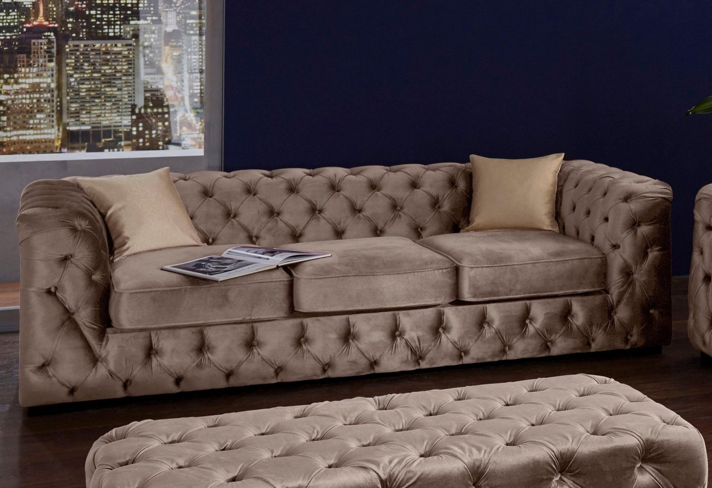 Home affaire Chesterfield-Sofa Kalina, B: 230cm, handgefertigt, hochwertiger Stoff und Leder, klassische Chesterfield-Knopfheftung, sehr hochwertige Verarbeitun – Bild 2 von 5