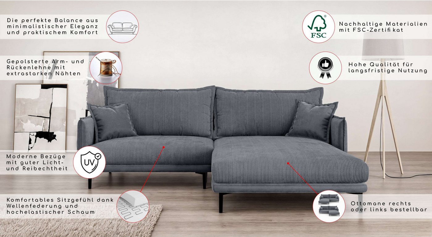 Home affaire Ecksofa ALEXANDRIA mit Recamiere rechts oder links bestellbar, moderne Bezüge, L-Form mit Wellenunterfederung, Maße: B/H/T 246/86/190 cm – Bild 3 von 5
