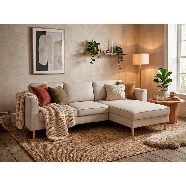 Home affaire Ecksofa Booster, whlw. mit Schlaffunktion & Bettkasten, Fuß Buche lackiert, Recamiere beidseitig montierbar, L-Form, in Cord & Struktur, B: 232 cm