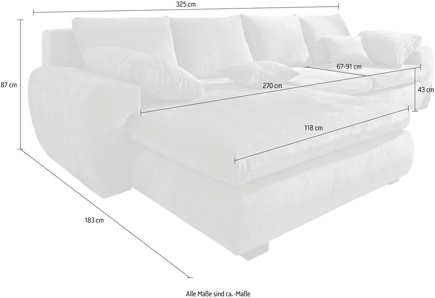 Home affaire Ecksofa Cara Mia L-Form, B: 325 cm, XXL-Sofa mit 4 Zierkissen, mit Schlaffunktion & Bettkasten, Liegefl. 145x270 cm – Bild 4 von 5