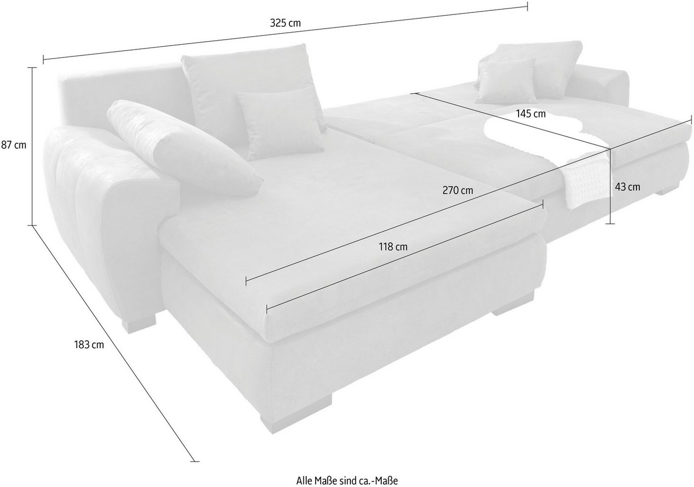 Home affaire Ecksofa Cara Mia L-Form, B: 325 cm, XXL-Sofa mit 4 Zierkissen, mit Schlaffunktion & Bettkasten, Liegefl. 145x270 cm – Bild 5 von 5