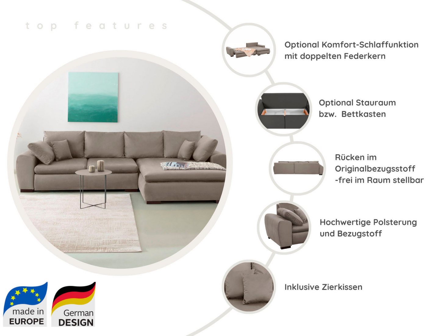 Home affaire Ecksofa Cara Mia L-Form, B: 325 cm, XXL-Sofa mit 4 Zierkissen, mit Schlaffunktion & Bettkasten, Liegefl. 145x270 cm – Bild 3 von 5