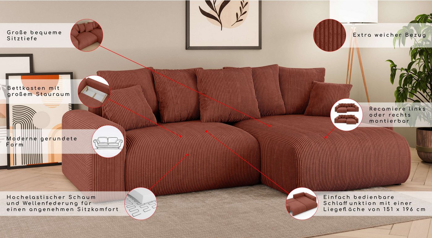 Home affaire Ecksofa LAKESIDE klein mit Bettfunktion und Bettkasten, B/T/H 235/142/84 cm, L-Form, Recamiere beidseitig montierbar, mit Wellenunterfederung – Bild 3 von 5