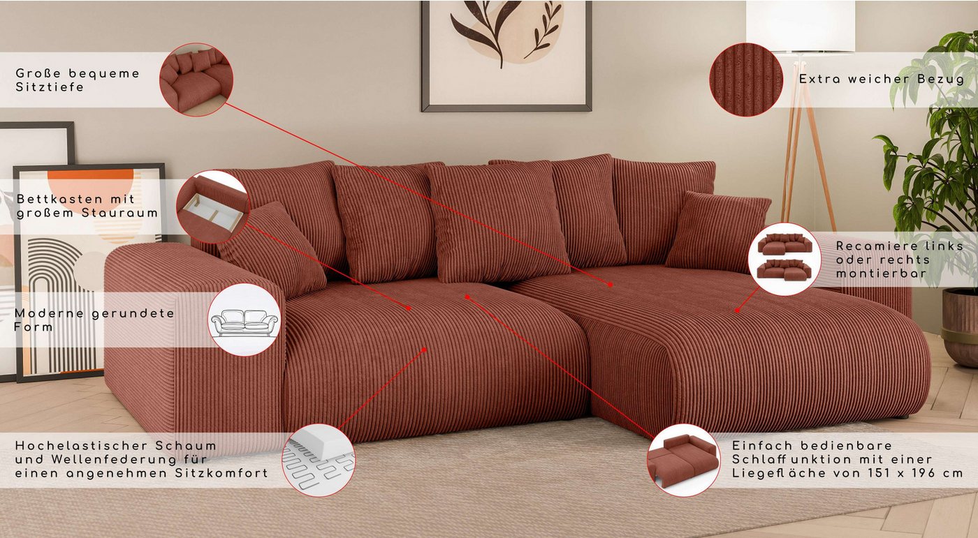Home affaire Ecksofa LAKESIDE mit Bettfunktion und Bettkasten, B/T/H 257/166/84 cm, L-Form, Recamiere beidseitig montierbar, mit Wellenunterfederung – Bild 3 von 5