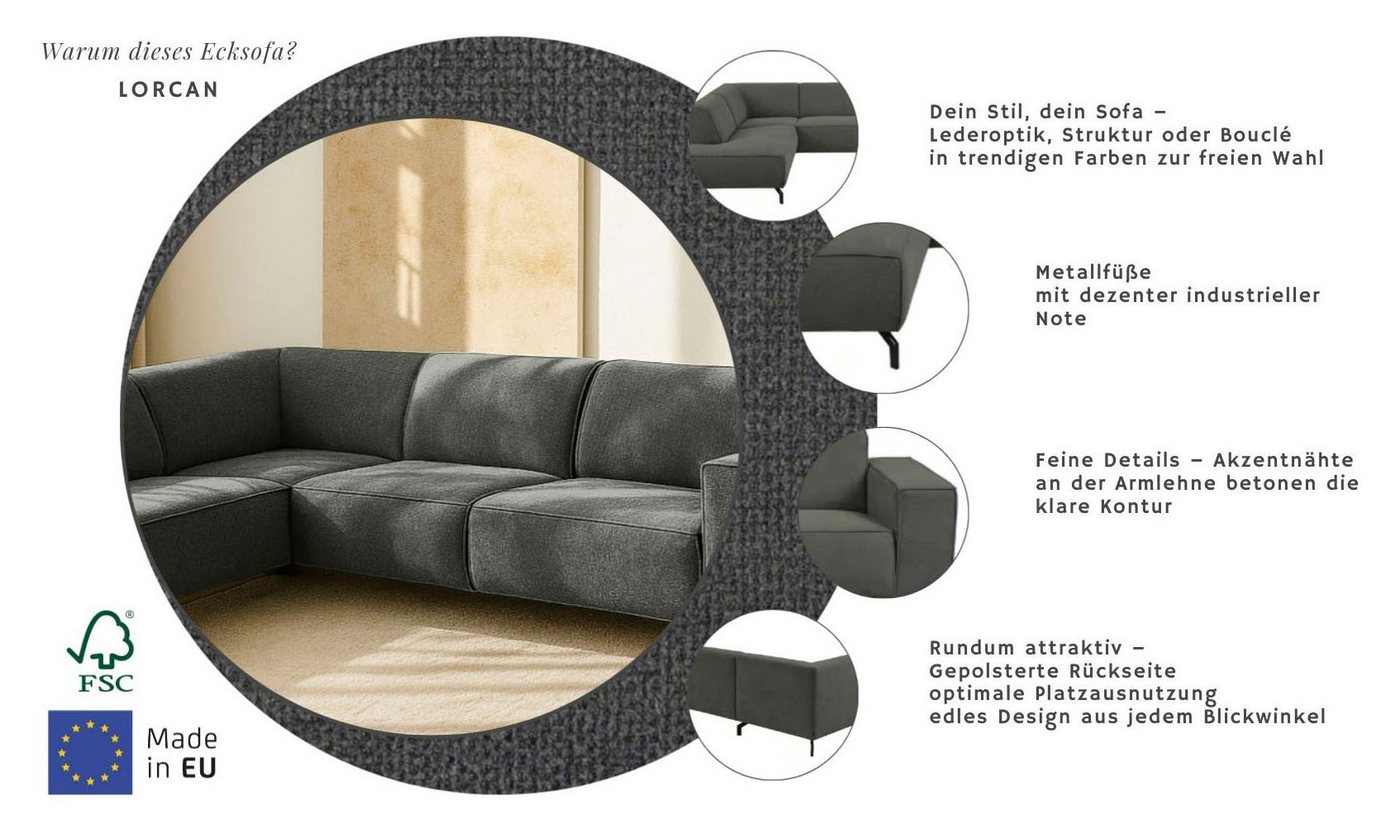 Home affaire Ecksofa LORCAN mit Metallfüßen, Breite 275 cm, weiches Sitzgefühl, Metallfüße, Lederoptik, Struktur, Bouclé – Bild 3 von 5