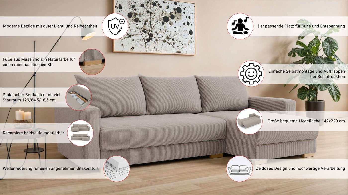 Home affaire Ecksofa MAGHERA universell Schlafsofa mit Bettkasten, Maße B/T/H: 255/142/84cm, L-Form mit Recamiere rechts oder links montierbar, hoher Sitzkomfor – Bild 3 von 5