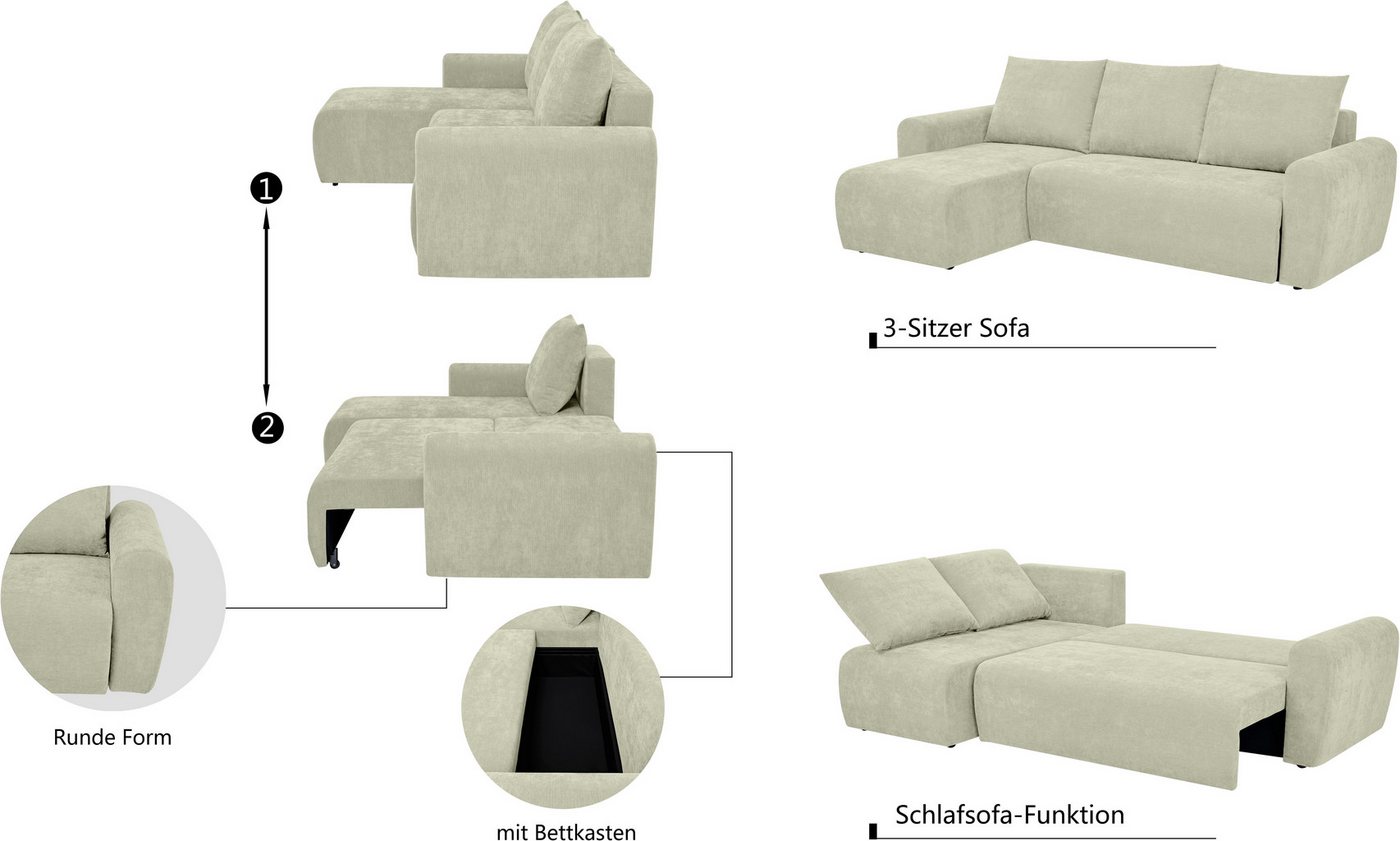 Home affaire Ecksofa Nortrud-Uni, 241 cm, L-Form, mit Schlaffunktion u. Bettkasten, Recamiere rechts / links montierbar, Feinstruktur-Bezug – Bild 4 von 5