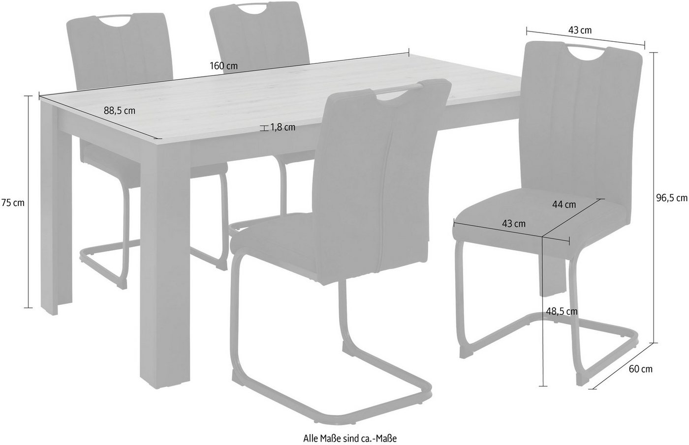 Home affaire Essgruppe Napoli, (Set, 5-tlg., 4 Freischwinger + 1 Esstisch), 5-teilige Tischgruppe mit modernem Freischwinger Stuhl und Esstisch – Bild 4 von 5