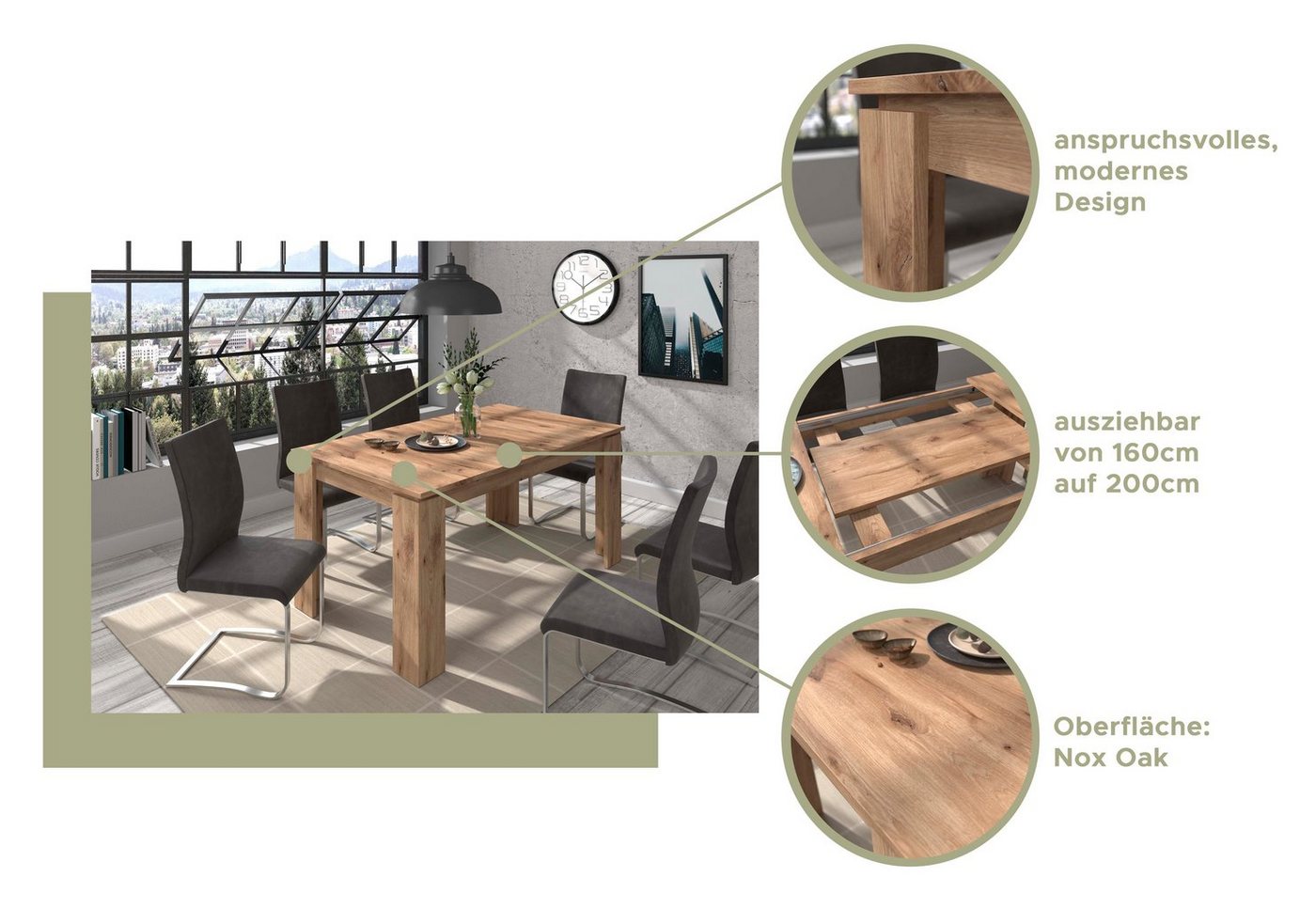Home affaire Esstisch Kalmar, rechteckig, 160 cm ausziehbar auf 200 cm, inkl. Einlegeplatte, Esszimmertisch, Tisch, Küchentisch, dining table – Bild 5 von 5