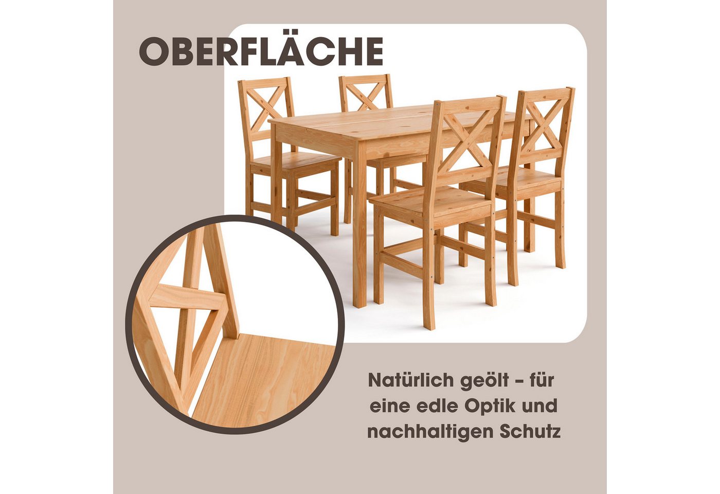 Home affaire Esstisch Malmö, Holztisch aus Kiefer Massivholz naturfarbig, erhältich in 80 und 120cm – Bild 3 von 5