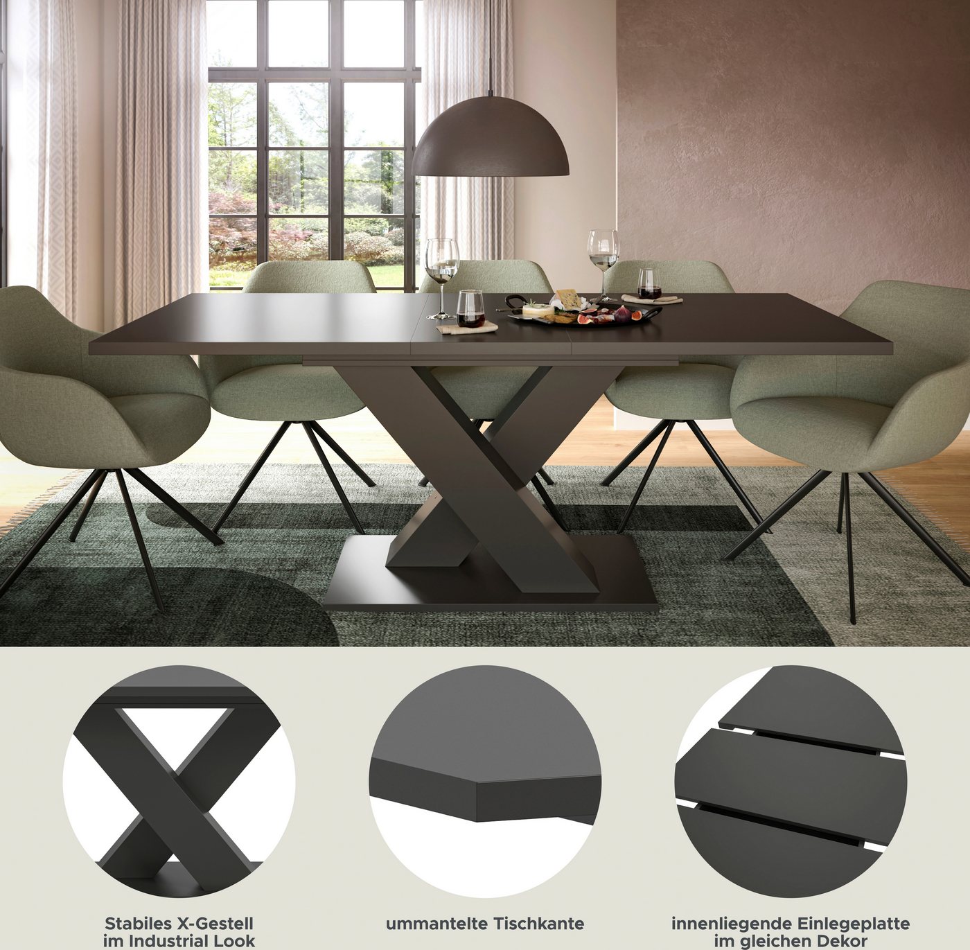 Home affaire Esstisch Motus, ausziehbar 150 -190 cm, inklusive 40 cm Einlegeplatte (Set, 1-St), X-Gestell mit Bodenplatte, Tisch, Küchentisch, Esszimmer, Küche – Bild 3 von 5