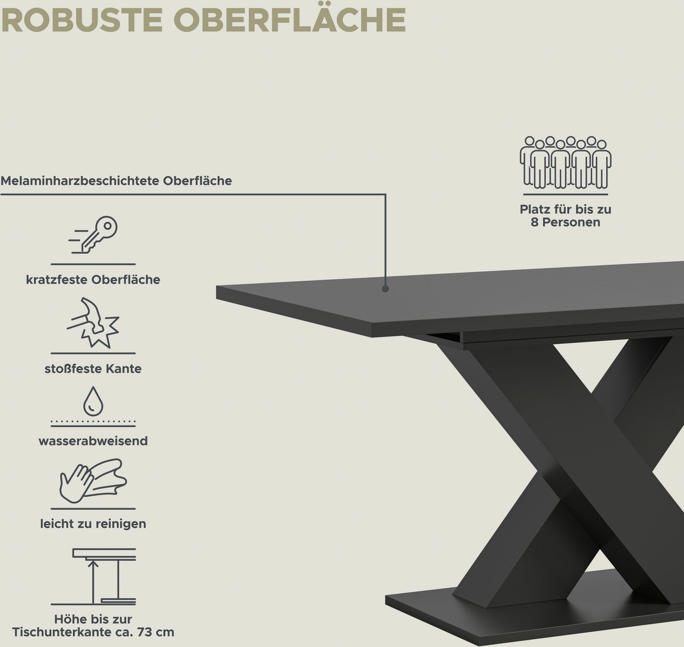 Home affaire Esstisch Motus, ausziehbar 150 -190 cm, inklusive 40 cm Einlegeplatte (Set, 1-St), X-Gestell mit Bodenplatte, Tisch, Küchentisch, Esszimmer, Küche – Bild 5 von 5