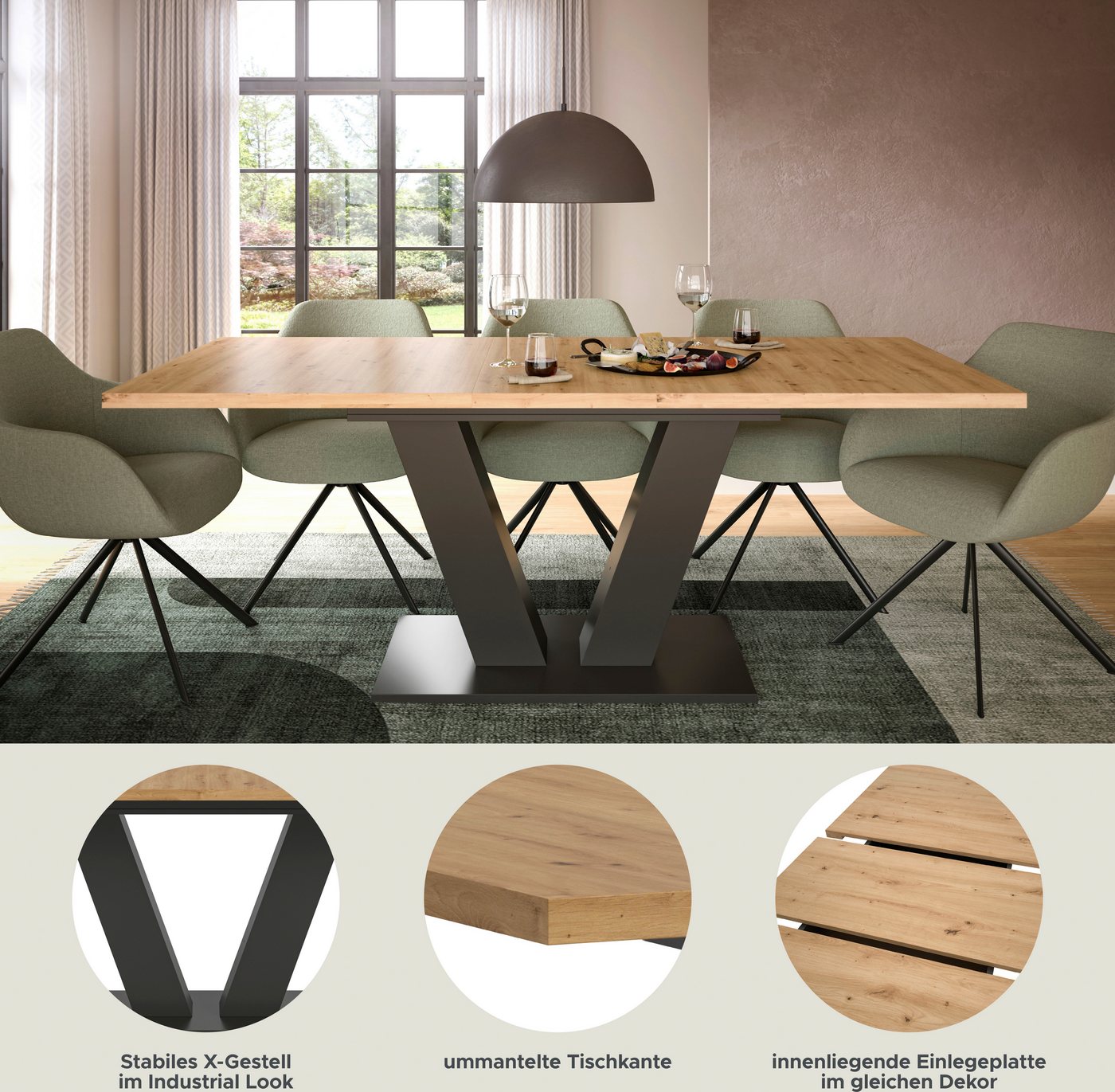 Home affaire Esstisch Motus, ausziehbar 150 -190 cm, inklusive 40 cm Einlegeplatte (Set, 1-St), V-Gestell mit Bodenplatte, Tisch, Küchentisch, Esszimmer, Küche – Bild 3 von 5