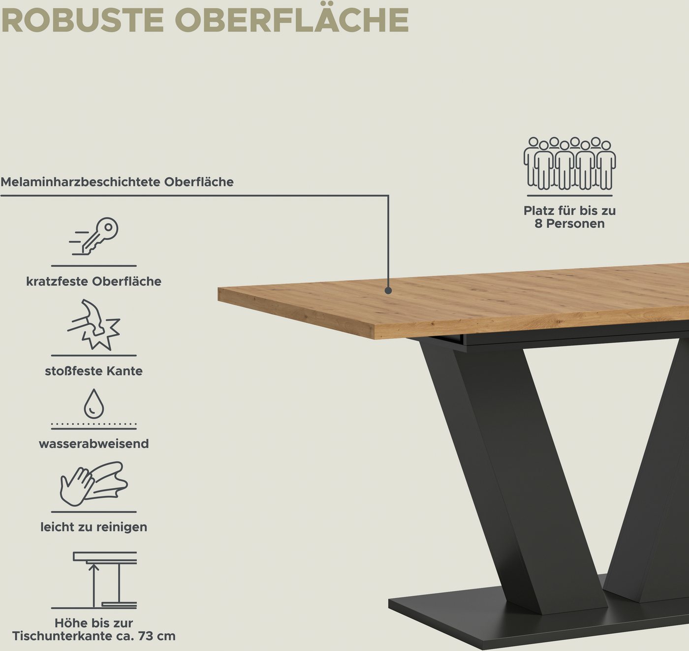 Home affaire Esstisch Motus, ausziehbar 150 -190 cm, inklusive 40 cm Einlegeplatte (Set, 1-St), V-Gestell mit Bodenplatte, Tisch, Küchentisch, Esszimmer, Küche – Bild 4 von 5