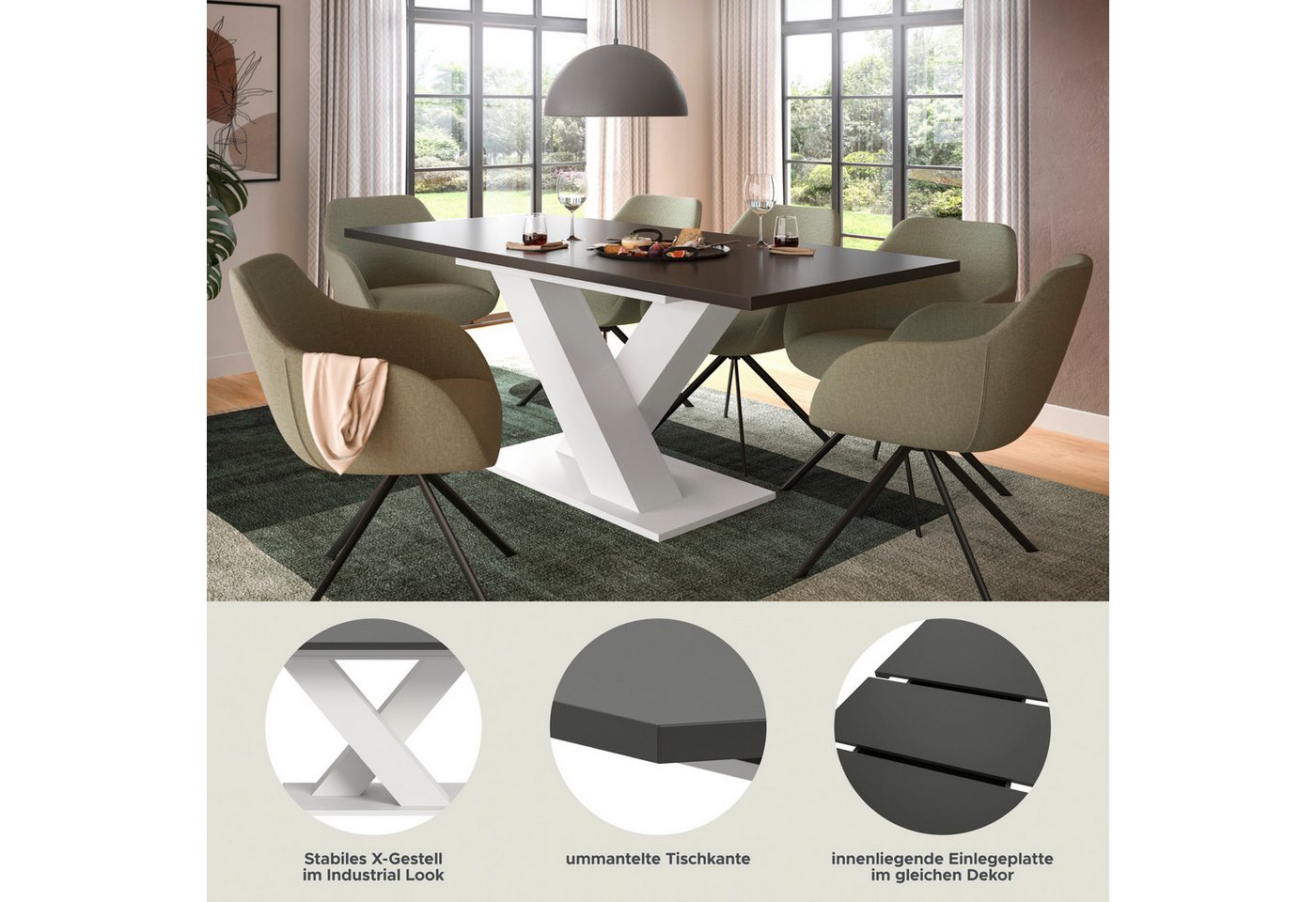 Home affaire Esstisch Motus, ausziehbar 150 -190 cm, inklusive 40 cm Einlegeplatte (Set, 1-St), X-Gestell mit Bodenplatte, Tisch, Küchentisch, Esszimmer, Küche – Bild 3 von 5