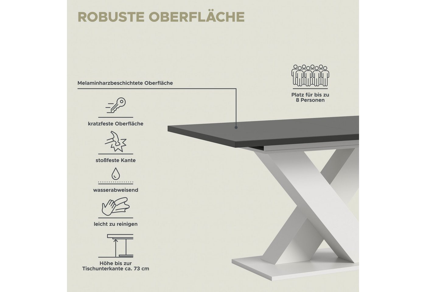 Home affaire Esstisch Motus, ausziehbar 150 -190 cm, inklusive 40 cm Einlegeplatte (Set, 1-St), X-Gestell mit Bodenplatte, Tisch, Küchentisch, Esszimmer, Küche – Bild 5 von 5