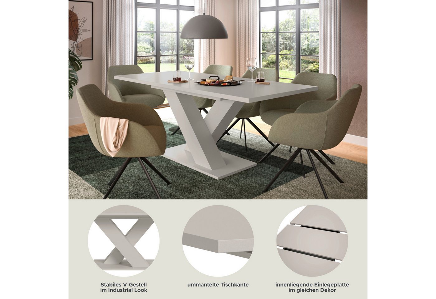 Home affaire Esstisch Motus, ausziehbar 150 -190 cm, inklusive 40 cm Einlegeplatte (Set, 1-St), X-Gestell mit Bodenplatte, Tisch, Küchentisch, Esszimmer, Küche – Bild 3 von 5