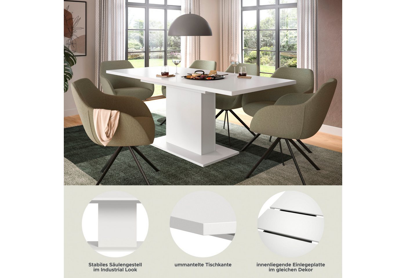 Home affaire Esstisch Motus, ausziehbar 150 -190 cm, inklusive 40 cm Einlegeplatte (Set, 1-St), Säulengestell mit Bodenplatte, Tisch, Küchentisch, Esszimmer, Kü – Bild 3 von 5