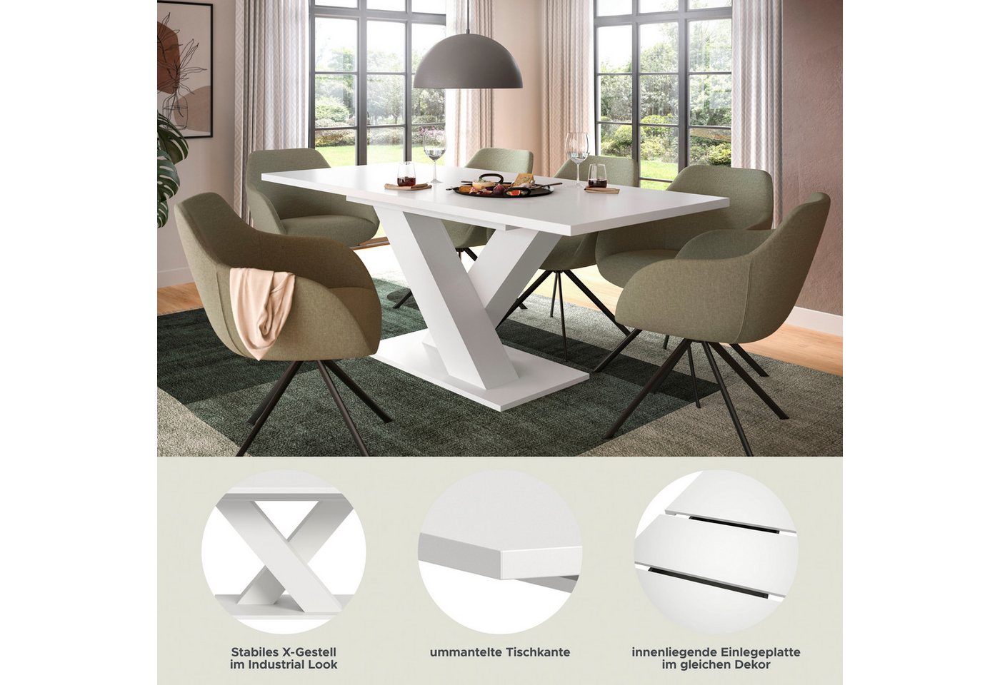 Home affaire Esstisch Motus, ausziehbar 150 -190 cm, inklusive 40 cm Einlegeplatte (Set, 1-St), X-Gestell mit Bodenplatte, Tisch, Küchentisch, Esszimmer, Küche – Bild 3 von 5
