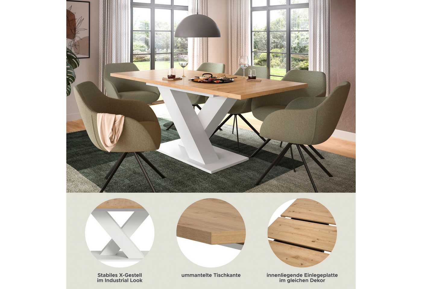 Home affaire Esstisch Motus, ausziehbar 150 -190 cm, inklusive 40 cm Einlegeplatte (Set, 1-St), X-Gestell mit Bodenplatte, Tisch, Küchentisch, Esszimmer, Küche – Bild 3 von 5