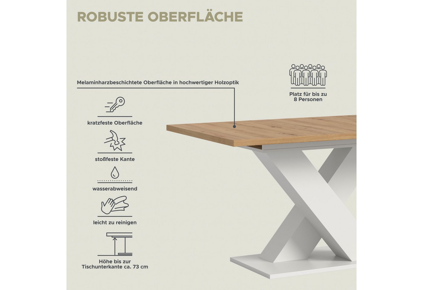 Home affaire Esstisch Motus, ausziehbar 150 -190 cm, inklusive 40 cm Einlegeplatte (Set, 1-St), X-Gestell mit Bodenplatte, Tisch, Küchentisch, Esszimmer, Küche – Bild 5 von 5