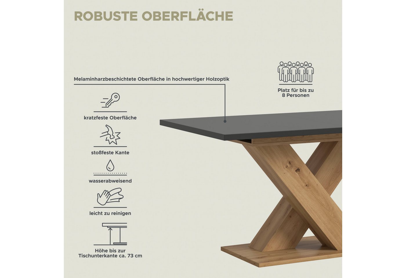 Home affaire Esstisch Motus, ausziehbar 150 -190 cm, inklusive 40 cm Einlegeplatte (Set, 1-St), X-Gestell mit Bodenplatte, Tisch, Küchentisch, Esszimmer, Küche – Bild 5 von 5