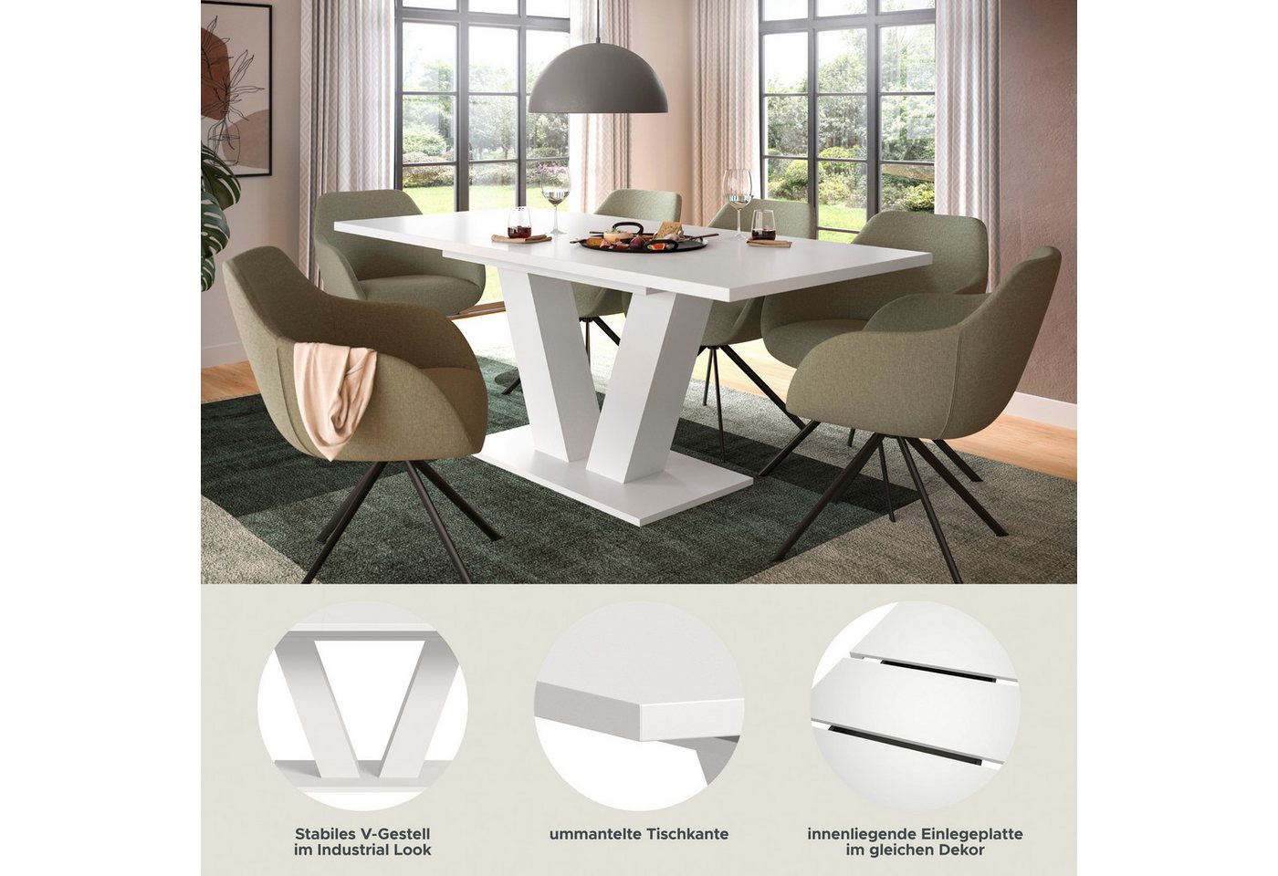 Home affaire Esstisch Motus, ausziehbar 150 -190 cm, inklusive 40 cm Einlegeplatte (Set, 1-St), V-Gestell mit Bodenplatte, Tisch, Küchentisch, Esszimmer, Küche – Bild 3 von 5