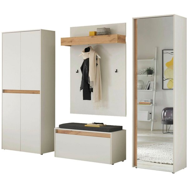 Home affaire Garderoben-Set City/Giron, moderne Garderobe, viel Stauraum, ca. 40 Schuhe, (Set, 4-St), enthält Schrank mit Spiegel, Schuhschrank, Paneel &Bank in