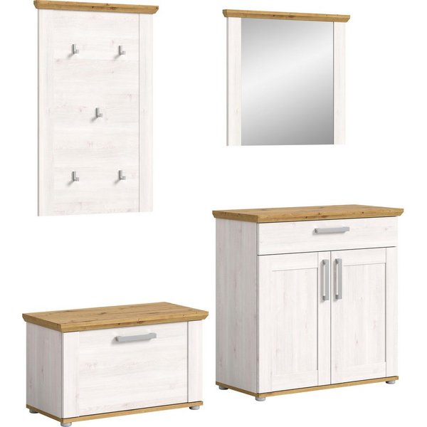 Home affaire Garderoben-Set COSENZA, Breite ca. 190 cm, 4-teilig, in Landhausoptik, (4-St., bestehend aus: Sitzbank, Garderobenpaneel, Schuhschrank, Spiegel), G