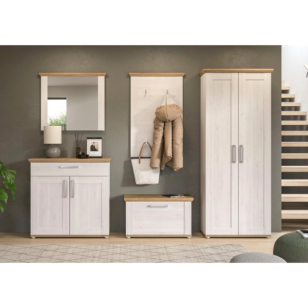 Home affaire Garderoben-Set COSENZA, Breite ca. 285 cm, 5-teilig, in Landhausoptik, (5-St., Garderobenschrank, Sitzbank, Garderobenpaneel, Schuhschrank, Spiegel