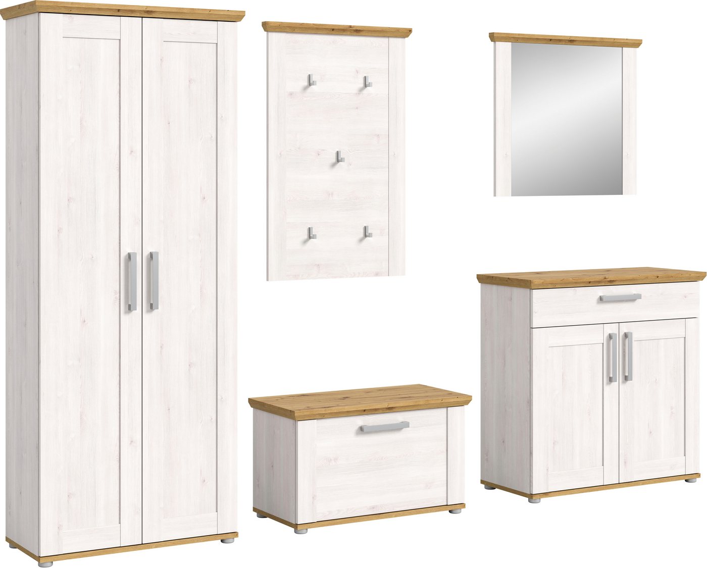 Home affaire Garderoben-Set COSENZA, Breite ca. 285 cm, 5-teilig, in Landhausoptik, (5-St., Garderobenschrank, Sitzbank, Garderobenpaneel, Schuhschrank, Spiegel – Bild 2 von 5